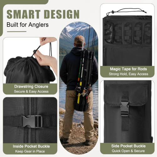 AGOOL Fishing Pole Bag with Rod Holder Fishing Rod Bag, 5 Rod & Reel Organizer Bag Waterproof Large Capacity Fishing Tackle Storage Bag Travel Carry Case Fishing Gifts for Men - color: Black