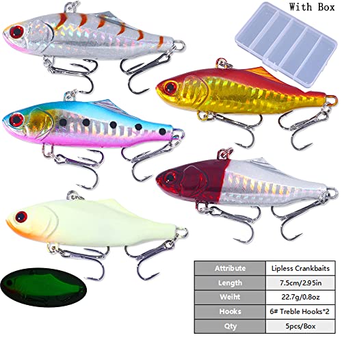 Lipless Crankbait, Rattle Trap Fishing Lures for Freshwater Saltwater, Lipless Crankbaits for Bass Fishing Lure Set for Bass Trout Walleye Redfish Pike, 5pcs with Box - color: C:2.95in/0.8oz/5pcs