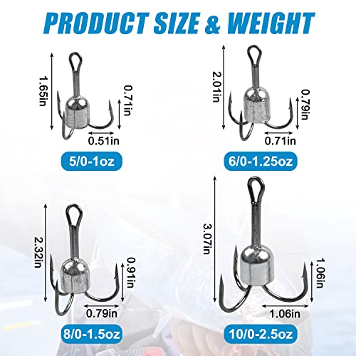 SILANON Snagging Hooks Weighted Treble Hooks,5pcs Large Weighted Treble Fishing Hooks Bunker Snag Hooks with Weight for Baitfish Trout Salmon 5/0 6/0 8/0 10/0 - size: 8/0-1.5oz-5pcs
