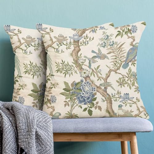 Chinoiserie Pillow Covers 16 x 16 Set of 2, Spring Bird Floral Green Blue Throw Pillow Covers Farmhouse Flowers Pillowcase Home Decor for Couch Sofa Outdoor Bedroom - color: Chinoiserie-b, size: 16" x 16" (Pack of 1)