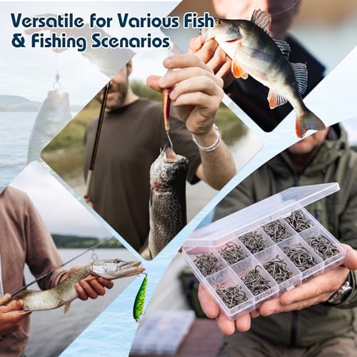 500PCS Barbed Fishing Hooks, 10 Sizes High Carbon Steel Fish Hooks, High Strength & Sharp Point with Plastic Storage Box, Suitable for Freshwater & Saltwater