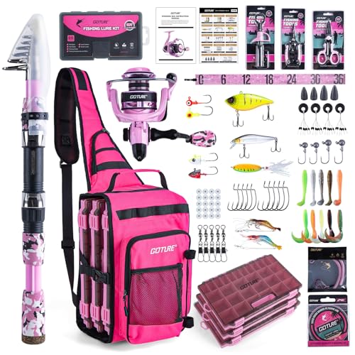 Goture OpenSide Tactical Sling Tackle Bag with Pink Fishing Rod & 3 3700 Tackle Trays, 8FT Fishing Rod and Reel Combo, Lightweight Fishing Backpack Storge Fishing Gear Gift for women - color: Pink, size: Large bag with 3700 trays, style: Full Fishing Kit(