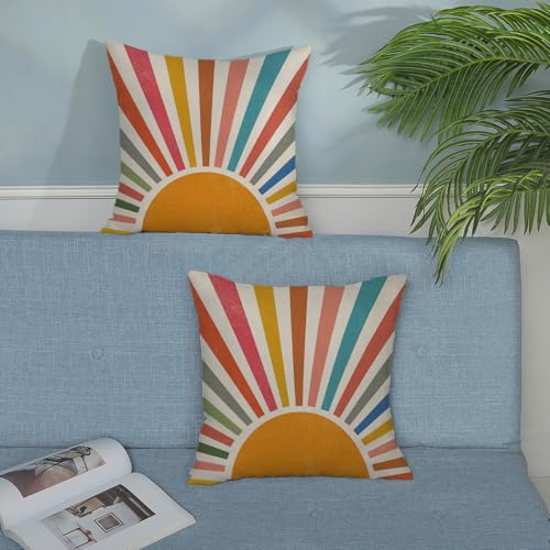 Summer Pillow Covers 16x16 Inch 2 Pcs Boho Colorful Sunshine Outdoor Decor Throw Pillows Stripes Rainbow Sun Farmhouse Holiday Decoration Pillowcase Linen Cushion Cover for Couch Sofa - color: Boho Sun 03, size: 16" x 16" (Pack of 2)