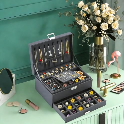 QBestry 3-Layer Jewelry Box for Women with Lock and Key & Drawer, Large Jewelry Organizer with 8 Necklace Hooks & 56 Earring Holes, Grey Velvet Jewelry Storage Box for Necklaces Earrings Ring Bracelet - color: Grey