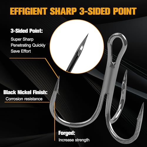 50 Pack Fishing Treble Hooks Kit High Carbon Steel Fish Hook Strong Sharp Round Bend Split Rings for Lures Baits Saltwater Freshwater Fishing Size 1/0 2 4 6 8 10 - color: Black, size: 6# - 50pcs