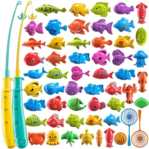 TEMI Fishing Toy Game for Kids 3 4 5 6 7 8 Years Old, 51 Fish Bath Playset for Toddlers, Toy Magnetic Rod and Fishing Net, Outdoor Water Toys for Kids Age 3-5, Party for Boy and Girl - size: 51 Fish