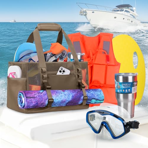 Yarwo Boat Gear Tote Bag, 35.5L Waterproof Boat Accessories Organizer with Marine-grade Coated Mesh and Wet Dry Pockets - color: Brown