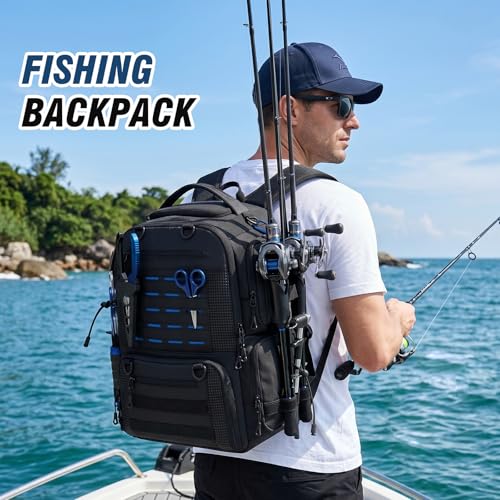 Fishing Tackle Backpack with 2 Rod Holders, Multi-Pocket Tactical Bag with Bottle Holder, 50L Extra Large Fishing Bag for Fishing Gear and Equipment, Black - color: Black