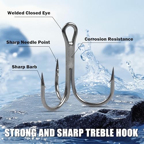 Fishing Treble Hooks Kit, 100pcs Triple Hooks Assortment Red Black Treble Fishing Hooks Sharp Round Bend High Carbon Steel Strong Replacement Fishing Hooks for Saltwater Freshwater