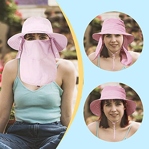 Fishing Hat for Men & Women, Outdoor UV Sun Protection Wide Brim Hat with Face Cover & Neck Flap - color: Pink