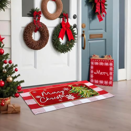 Tinideya 2 Pcs Christmas Door Mat Outdoor Whimsical Xmas Tree Front Doormat Nonslip Red and White Buffalo Plaid Layered Linen Rubber Xmas Rugs Merry Christmas Decor for Front Porch Entryway Outside - size: 16 x 28 Inch,24 x 35 Inch, style: Christmas Tree