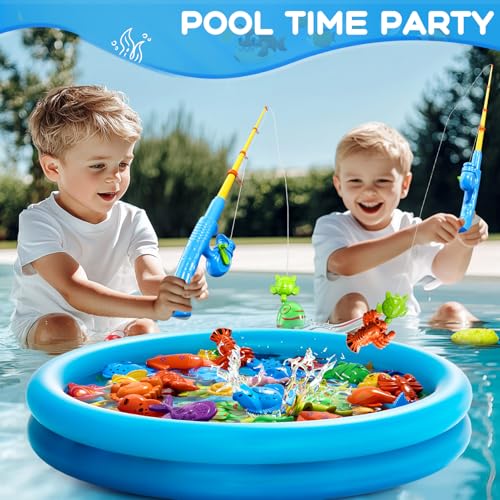 Magnetic Fishing Pool Toys Game for Kids Toddlers 3-5 4-8, Fishing Water Table Bathtub Toy with Inflatable Pool Pole Rod Net Plastic Floating Fish, Water Bath Pool Outdoor Toys for Kids Toddlers Baby - style: 44Fish+3Rod+3Net+Pool