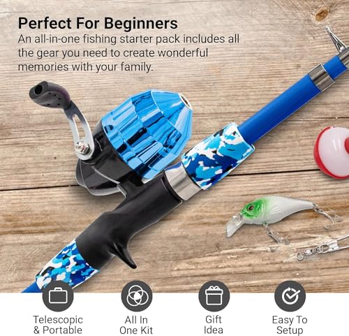 Lanaak Kids Fishing Pole, Kids Portable Telescopic Fishing Rod Set, Tackle Box and Fishing Net Combo Kit, Kids Fishing Gear for Boys and Girls Age 5-10 and Youth - color: Camo Blue, size: 1.2m or 3.9FT