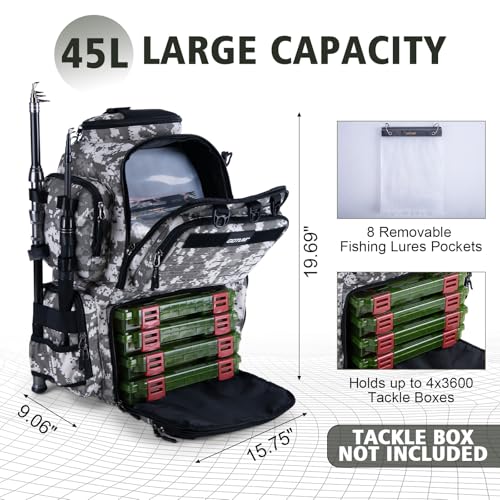 Goture Fishing Backpack, 900D Water-Resistant Tackle Backpack with Rod Holders, 45L Large Fishing Bag Storage Gear Tackle Bag with 8 Lure Pockets, Rain Cover for Camping Hiking(Without Tackle Box) - color: 45L Digital Camo with 8 Lure Pockets