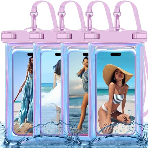 Famoby 4 Pack Iridescence Waterproof Phone Pouch, Cell Phone Waterproof Case Dry Bag,Protection Level: IP68,Beach Cruise for iPhone,Samsung,and More,Lanyard Included,(Fits Up to 8.3"),Iridescence - color: Iridescence 4 Pack