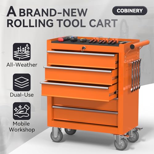 5-Drawer Rolling Tool Chest with Wheels, Metal Tool Storage Cabinet with Lock&Keys and Swivel, Toolbox with Drawers, Tool Box for Warehouse,Garage, Repair Shop, Workshop (Orange, 5-Drawer) - color: Orange, size: 5-Drawer