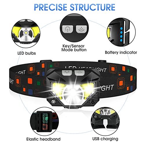 LHKNL Headlamp Flashlight,4-Pack Lumen Ultra Bright LED Rechargeable Headlight with White Red Light,Waterproof Motion Sensor Head Lamp,8 Mode for Outdoor Camping Running Cycling Fishing - color: Black Grey, size: 4 Packs