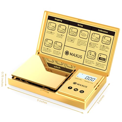 MAXUS Digital Gram Scale with 200g x 0.01g Capacity, Stylish Gold Plated Cover and Platform for Accurate and Precise Weighing of Jewelry, Grains, and Food in Grams and Ounces - color: Gold