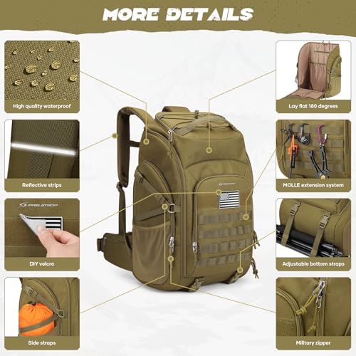 Maelstrom Tactical Backpack for Men, Water Resistant 40L Military Bag | Molle System, 900d Polyester, Laptop Pocket, Load Compression, Tripod Straps, For Hunting, Travel, Hiking,Gym, Camping - color: B.khaki
