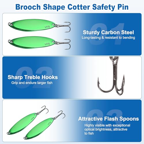 Fishing Spoons Lures, Metal Saltwater Treble Trout Lures Jigging Spoon with Treble Hooks Casting Spinner Baits - color: Green, size: 14g / 1/2oz