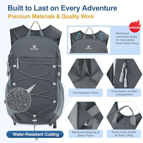 BECOJADDE Hiking Backpack 20L Small Backpack Packable Day pack Water Resistant Lightweight Travel Backpack for Women Men with Shoulder Strap Pockets for Hiking Camping Outdoor, Grey - color: Grey, size: 20L