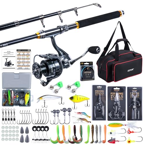 Goture Fishing Rod and Reel Combos, 1.8M-2.7M Carbon Fiber Telescopic Fishing Pole with Spinning Reel, Lures Set, 900D Carrier Bag, Travel Full Kit for Freshwater Saltwater, Beginners & Anglers - color: A1:Fishing Kit with Carrier Bag, size: 9FT/2.7M