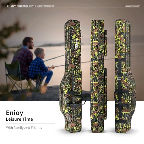LEOFISHING Portable Folding Fishing Rod Carrier Reel Case Bag 4.27ft/ 4.92ft Oxford Fish Pole Tools Soft Case Pro Gear Tackle Storage Bag for Shoulders Handles (Green Camouflage, 150cm/4.92ft)