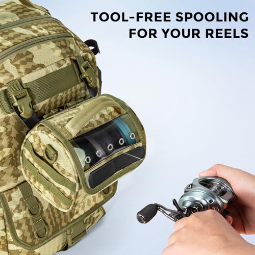 KastKing BaitSpace Line Management Bag, Fishing Line Storage Bag with Water Resistant Nylon, Clear View Window, Removable Divider, Tangle-free Leader Line Holder - color: C: Khaki Camo-Medium