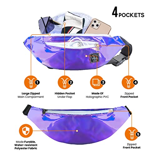 Vibe Festival Gear Rave Fanny Pack for Women Men – Festival, 4 Pockets, Adjustable Strap, Cute Waist Bag, Crossbody Belt Bag, Hiking, Running, Cycling - color: Purple Holographic Iridiscent, size: Fits Most