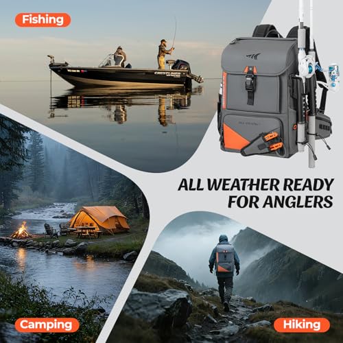 KastKing All Weather Fishing Tackle Backpack with Removable Rod Holders,Waterproof ArmorShield Fabric Fishing Bag Storage Fishing Gear - color: B: Grey（Without Waterproof Tackle Box）
