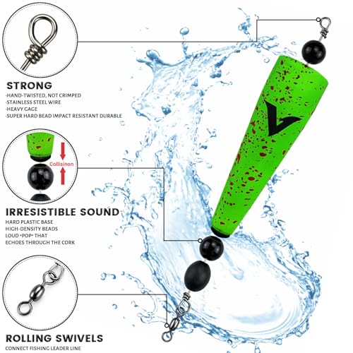 4 Pack Pre-Rigged Popping Corks for Fishing, Steel Wire Leader Saltwater Fishing Cork Float with Rattling Beads, Weighted Popping Cork for Redfish Trout Snook - color: Yellow with Black Splatter, size: 4" (1/2oz)