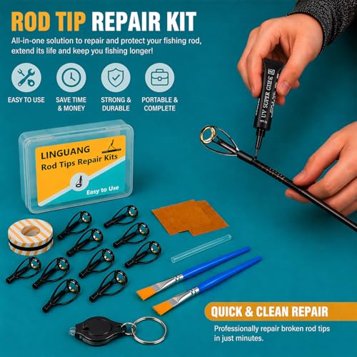 Fishing Rod Tip Repair Kits for Surf Casting Pole，Complete Supplies inchulde Uv Light and Gule, Stainless Steel Replacement Top Eyelets，Wrapping Thread - color: UV BMGT-D