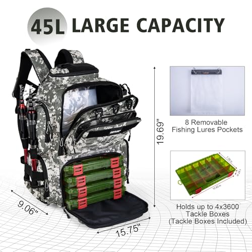 Goture Fishing Backpack with 4 Tackle Boxes,900D Water-Resistant Tackle Backpack with Rod Holders,SBS Zippers,45L Large Tackle Storage Gear Bag with Rain Cover,Bottle Holder for Travel Camping Hiking - color: A1:72# Camo, size: Include 4 Tackle Boxes