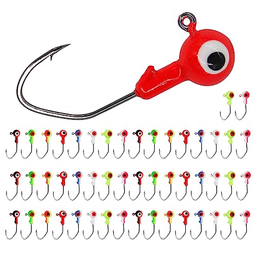 50pcs Fishing Jig Head Hooks kit, Round Ball Fishing Jigs with 3D Eyes Carbon Steel Hooks for Soft Lures Bass Freshwater Saltwater 1/8oz 1/6oz 1/4oz 1/16oz 1/35oz - color: Multi-colored - 50pcs, size: Size A- 1/35oz