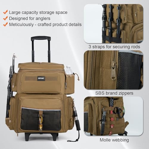 Goture 66L Rolling Tackle Box with Cooler, Khaki Large Fishing Bag with Wheels for 5 3700 Trays(Trays Not Included), Saltwater Resistant Tackle Backpack with Rod Holders - color: Khaki, size: No Trays