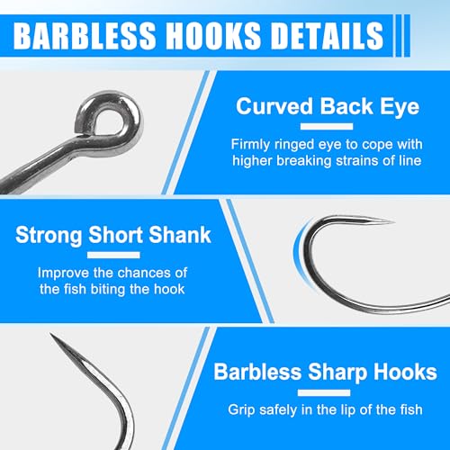 175pcs Barbless Fishing Hook Kits,Small Size Carp Fishing Hooks Curve Shank Crank and Wide Gape Fly Tying Hooks Circle Hook with Tackle Box Size 2#,4#,6#,8#,10#
