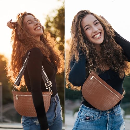 Woven Crossbody Bags for Women Leather Belt Bum Sling Purse Fanny Waist Pack Chest Shoulder Bag for Women-Dark Brown - color: Dark Brown