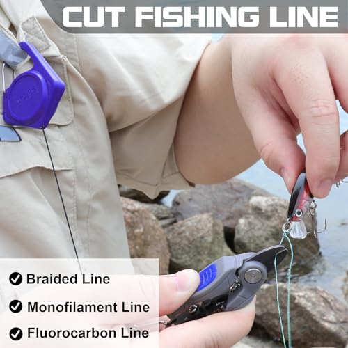 Booms Fishing Line Cutter with Retractor: Mini Fishing Scissors for Braided Momo Fluoro Line - Braid Scissors Saltwater with Hook Eye Cleaner - Serrated Shears with Locking Feature, FR1 - color: Blue