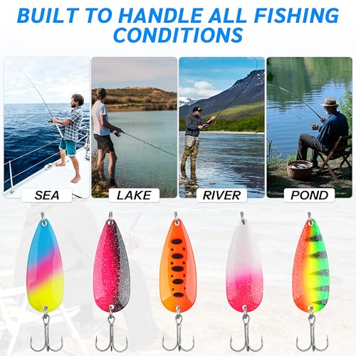 Spoon Fishing Lures, Hard Metal Fishing Spoon Lures with Treble Hooks Casting Spinner Baits for Bass Trout Pike Saltwater Freshwater - size: 3/8oz-5pcs