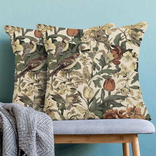 Chinoiserie Pillow Covers 16x16 Set of 2, Spring Floral Bird Tulip Throw Pillow Covers Linen Vintage Farmhouse Flowers Outdoor Pillowcase Home Decor for Couch Sofa - color: Chinoiserie-3, size: 16" x 16" (Pack of 1)