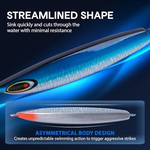 Goture Fishing Jigs, 30g 40g 50g 60g Vertical Jig Saltwater Freshwater, Jig Lures with Assist Hook and Treble Hook, 5PCS Jigging Spoon Lures with Tackle Box, Fishing Jigs for Tuna, Salmon, Bass - color: A2 with Tackle Box, size: 40g