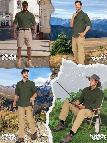 linlon Mens Safari Shirts Long Sleeve UV Protection Hiking Fishing UPF 50+ Quick Dry Cooling Camping Travel Shirts - color: Army Green, size: Large