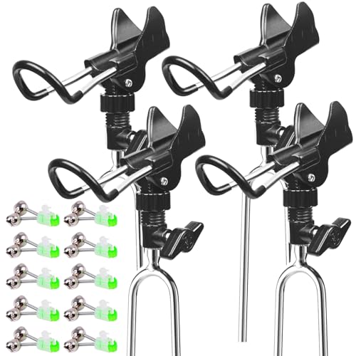 Aluminum Bank Fishing Rod Holder with 10 Fishing Bells | Heavy Duty Ground Spike Fish Pole Stand Rack for Shore, Surf, Beach Fishing - Great Fathers Day Gift for Men