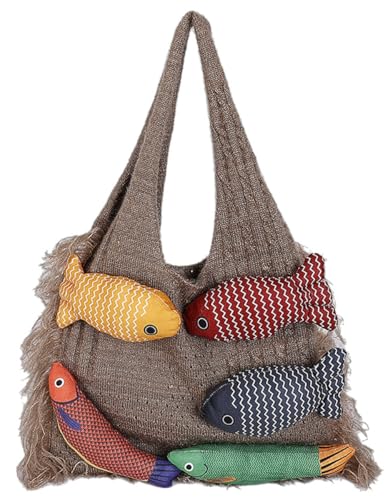 Knitted Beach Shoulder Bag for Women 3D Fish Bohemian Tote Versatile Purse Soft Hobo Handbag for Summer Vacation 2026 - color: D Khaki