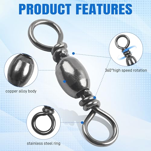 SILANON Barrel Swivels Fishing Tackle,60/120pcs Rolling Ball Fishing Swivels Connector Stainless Brass Solid Rings High Strength Saltwater Fishing Swivels Accessories - color: Black, size: 1#-60pcs