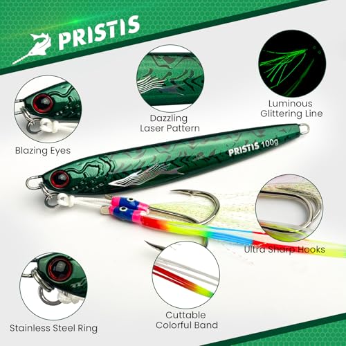 Pristis Angel Wings Vertical Jig, Saltwater Freshwater Fishing Lure for Tuna Grouper Cod Largemouth Striped Bass, Jigging Rod Metal Spoon Speed Pitch Fast Long Casting Sink, Deep Sea Fish - color: Hunter green, size: 3.5oz / 100g