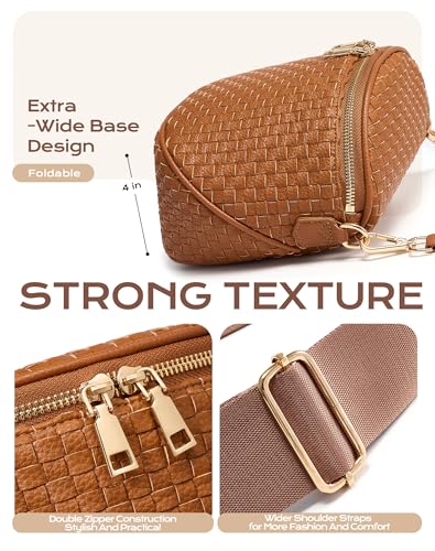 Trendy Woven Checkered Crossbody Bum Bag for Women，PU Leather Checkered Purse Fanny Packs Belt Bag (Woven Bum Bag - Pure Brown) - color: Woven Bum Bag - Pure Brown