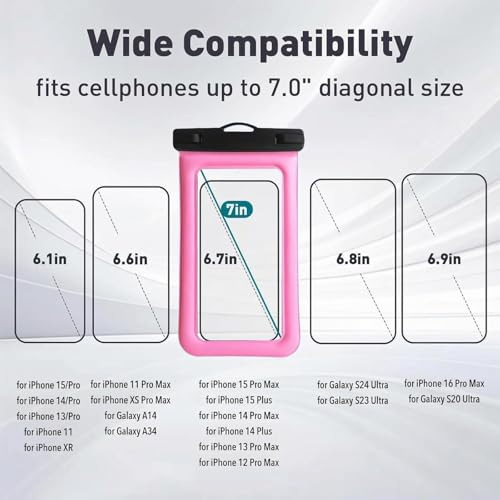 Floatable Waterproof Phone Pouch/Case with Crossbody Lanyard for iPhone 17 Series 16 Pro Max/15 Pro/14/13/12, IP68 Cellphone Dry Bag Beach Cruise Ship Essentials, 1 Pack-Pink-7″ - color: B2-Pink