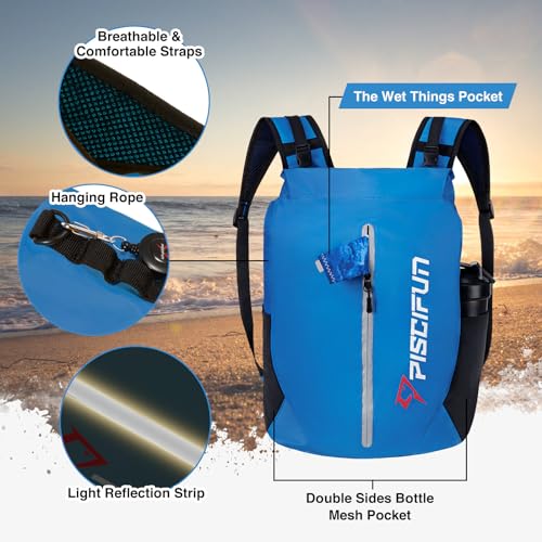Piscifun Dry Bag Waterproof, Lightweight Dry Backpack Roll-Top Sealed with Waist Pouch and Phone Case Keeps Gear Dry Inside for Kayaking, Boating - color: Light Blue, size: 20L