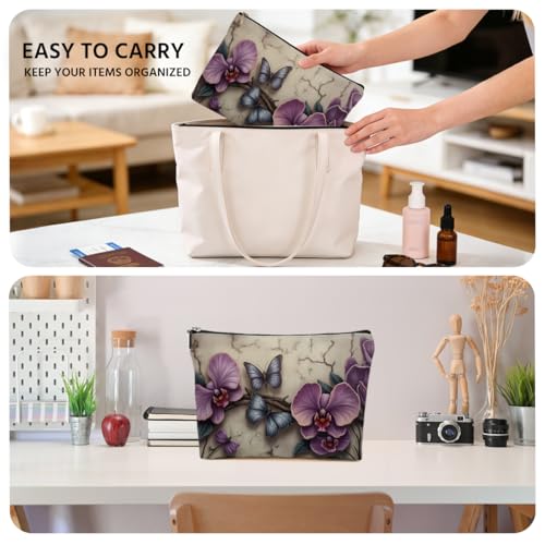JIUWEIHU Purple Orchid Makeup Bag, Butterfly Cosmetic Bags Travel Organizer Bag Zipper Pouch, Christmas Birthday Gifts for Women Sister Mom Friend, Purple Flower Gifts - color: Multicolor 0057